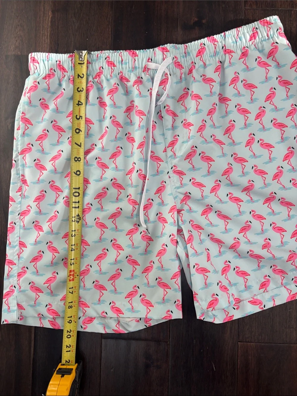 Brooklyn Cloth Light Blue Men’s Swim Trunks with Pink Flamingo Print Size XL